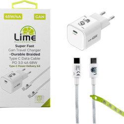 Lime Φορτιστής GaN με Θύρα USB-C και Καλώδιο USB-C - USB-C 45W Power Delivery / Quick Charge 3.0 Λευκός (Super Fast) 