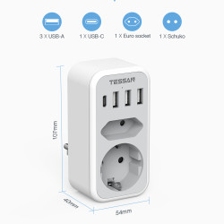 TESSAN 6 IN 1 WALL SOCKET 1xSCHUKO, 1xEU SOCKET ,3xUSB, 1xTYPE-C