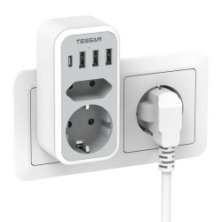 TESSAN 6 IN 1 WALL SOCKET 1xSCHUKO, 1xEU SOCKET ,3xUSB, 1xTYPE-C
